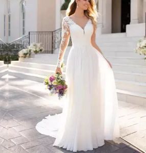 Boheemian Chiffon A Line Wedding Jurken Long Train Bruidsjurken Appliques Appliques Lace Sleeve White V Neck Boho Beach Bruid Dress Vestidos de novia gewaden Mariage