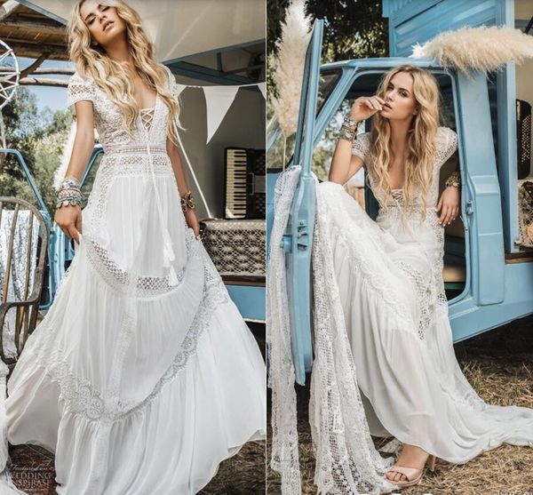 Vestido de novia de playa de gasa bohemia para mujer 2021 encaje de ganchillo cuello en V manga corta vestidos de novia bohemios bata larga De Mariage una línea vestidos de novia