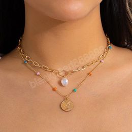 Bohemian Collier de cha￮ne de perles color￩e Femmes Vintage Big Coin Pearl Pendant Choker Femme Aesthetic Jewelry Gift