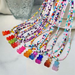 Bohemian Colorful Round Bead Necklace For Women Cute Gradient Rainbow Resin Bear Pendant Necklace Fashion Jewelry Girl Gifts