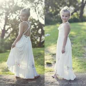 Bohemian Land Bloem Meisjes Jurken Spaghetti Kriskras Backless Chiffon Kids Formele Gowns voor Strand Meisje Pageant Party Commun278U