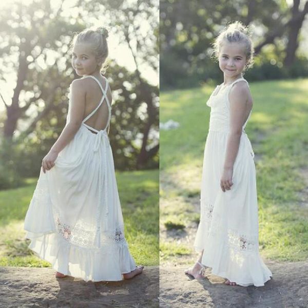 Estilo bohemio de campo Vestidos para niñas de flores Correas espaguetis Criss Cross Backless Gasa Niños Vestidos formales para fiesta de bodas en la playa