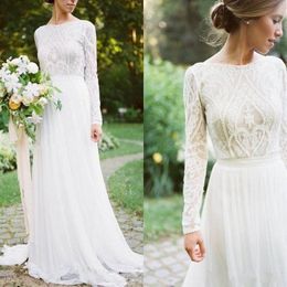 Vestidos de novia bohemios de estilo campestre con mangas largas, cuello barco, línea A, apliques de encaje, vestidos de novia bohemios de gasa