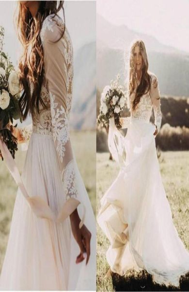 Robes de mariée de campagne bohème avec manches longues transparentes col bateau une ligne dentelle appliques en mousseline de soie robe de mariée Boho Cheap8942011