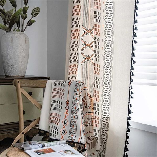 Bohemian Crème Colonred Cotton Linen Curtain Printing Sunshade Perfoated Living Room Bedroom Kitchen Fenêtre 231227