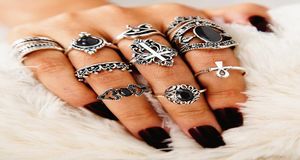 Boheemian Creative 10 stcs/set Band Ring Sets Crown Knot Black Rhinestone Designer Joodly voor vrouwen Midi Finger Alloy Ring Accessories9793497