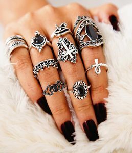 Boheemian Creative 10 stcs/set Band Ring Sets Crown Knot Black Rhinestone Designer Joodly voor vrouwen Midi Finger Alloy Ring Accessories9204781