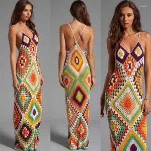 Bohemian Crochet Robe Cover Up Women Spaghetti Stracts Backless V Neck Long Maxi 2024 Summer Holiday Cutout Beach Tunic