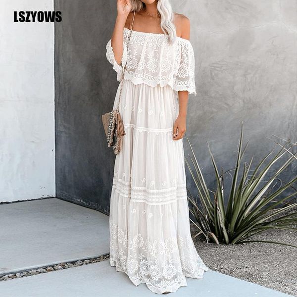 Vestido bohemio de encaje blanco de ganchillo para mujer, vestido largo Vintage con hombros descubiertos y volantes para fiesta de verano 2020, Vestidos largos de playa