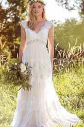 Boheemse jurk taille kanten Appliques Empire V-hals bruiloft A Line Country Bridal Troogs Floor Lengte Plus Size Beach Tulle Mariage Jurken Es