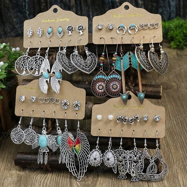 Ensemble de 6 paires de boucles d'oreilles bohèmes, Vintage, ethnique, amour, feuille de hibou, goutte d'eau de mariage, boucles d'oreilles pendantes pour femmes et filles, bijoux à la mode Boho