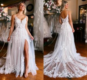 Bohème élégant été dentelle tulle mariage Drs une ligne dos bretelles spaghetti appliqué volants longues robes de mariée avec fente avant Rob de BC