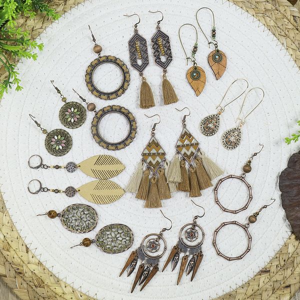 Bohemio étnico marrón borla de madera natural aretes colgantes para mujeres cuentas geométricas huecas vintage colgando pendientes joyas