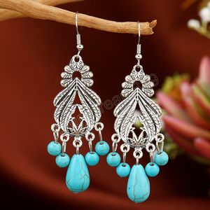 Bohème ethnique mode rétro creux goutte d'eau boucles d'oreilles Turquoise gland boucles d'oreilles indien bijoux accessoires pour femmes