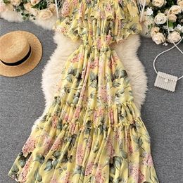 Vestido Midi de gasa Floral bohemio para mujer, vestido Sexy con cuello oblicuo y volantes, manga corta, estampado Aline, vacaciones, playa, Vestidos, bata 220526