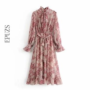 Bohemio estampado floral plisado vestido vintage mujeres vestido largo fajas de invierno manga larga boho vestidos coreanos 210521