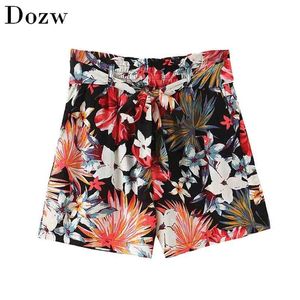 Boheemse bloemenprint shorts met riem vrouwen hoge taille vintage casual vrouwelijke mode vakantie zomerbodems 210515