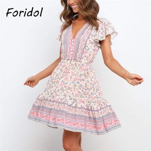 Vestido de sol bohemio con estampado Floral de verano para Mujer Mini Casual Boho Beach Retro Vestido femenino Vestidos Mujer Vintage 210427