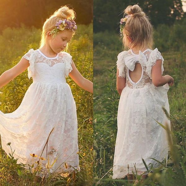 Robes de demoiselle d'honneur bohème pour les mariages 2017 pas cher dentelle bijou à manches courtes arc découpé dans le dos longueur de thé robe de première communion EN4216