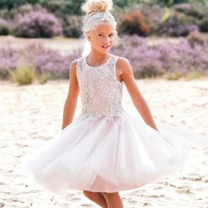 Robes à fleurs bohémiennes pour filles, robes de concours en dentelle avec des appliques à col bijou, longueur aux genoux, pour enfants, 2020