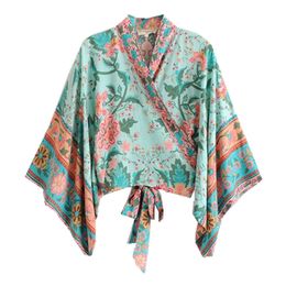 Boheemse bloem print kimono strikje pauw shirt vintage vrouw batwing mouw kruis V-hals vest losse blouse femme blusas 200925