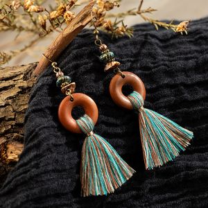 Boheemse franje kwastje dangle oorbellen voor vrouwen etnische groene gele kleur drop earing geometrische hout houten oorbel sieraden