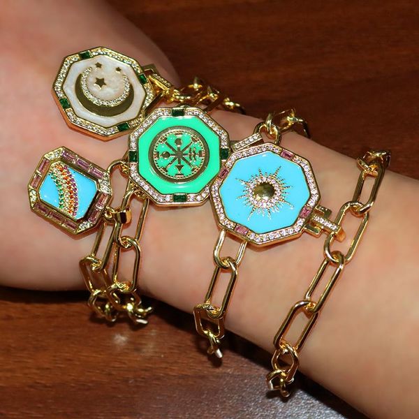 Pulsera con abalorio geométrico bohemio para hombre, bisutería de sol y luna arcoíris, joyería Vintage, pulseras de oro turco con piedra CZ