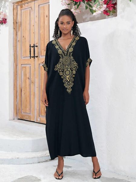 Bohemian Glod broderie imprimé en vrac Verbe V Robe à fente de cou 2024 Femmes Summer Robe Robe Sweet Swimsuit Cover Up Up Q1581