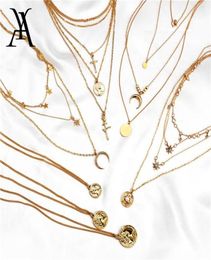 Boheemse gouden kleurster Maan gelaagde ketting voor vrouwen Vine geometrische portret munt hanger lange ketting choker collares7088791