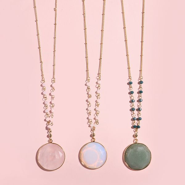 Collier druzy en pierre naturelle plaqué or bohème collier pendentif en pierre de cristal rose opale ronde pour bijoux pour femmes
