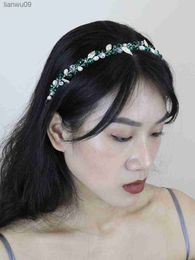 Bohemian Green Crystal Parels Bladeren Hoofdbanden Tiara Bruiloft Haarbanden Bruids Hoofdtooien Voor Haar Accessoires Haar Sieraden L230704