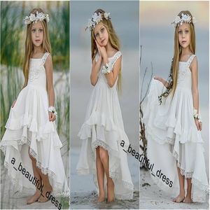 Boheemian High Low Flower Girl -jurken voor strand bruiloftswedstrijden een lijn boho -kanten Appliqued Kids First Holy Communion Dress FG1240 300Z