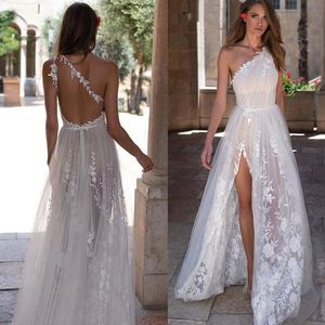 Boheemian High Side Slit trouwjurk sexy een schouder Backless Lace Appliques tule bruidsjurken gewaad de mariee 2022