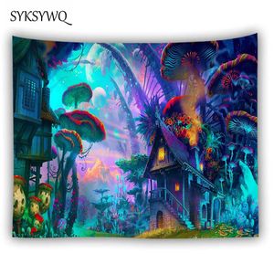 Bohemian Home Decor Wall Tapestry Hanging enorm Mushroom House Fairyland Psychedelic Tapestry 210609