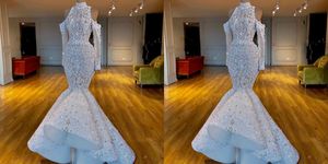 Bohemian IenaSdresses Mermaid Trouwjurken Lange Mouw Hoge Hals Satijn Tule Kant Applique Crystal Princess Gown Hi Lo Bridal Jassen