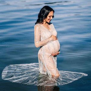 Boheemse kanten zwangerschapsjurk voor fotoshoot bling glitter volledige mouwen kleren fotoshoot baby shower jurk fotografie fotografie jurk g220510