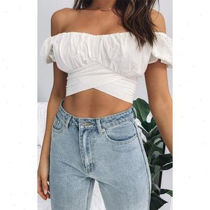 Boheemse lantaarn korte mouwen navelstreng riem korte shirt geplooid effen kleur kleine erfgoed wrap top