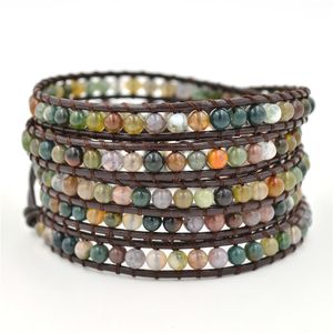 Bracelet bohème en pierre naturelle, brins de perles de cristal, corde enroulée en cuir, style Boho multicouche tissé à la main, réglable