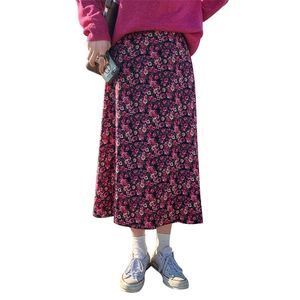Bohème Jupes Longues Maxi Femmes Printemps Été Violet Taille Haute Floral Coréen Mi-long A-ligne Plage Saia 210601