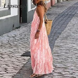 Boheemse losse mouwloze riemjurken Summer Double U Backless Big Hem Maxi Dress Elegant Pattern Gedrukte vrouwen 240417