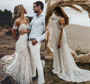 Boheemse zeemeermin strand trouwjurken haak katoen kant vestidos de novia hippie country bruidsjurk met verwijderen mouw