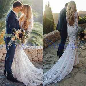 Vestidos magníficos de sirena bohemia, tren de corte, mangas largas, vestidos de novia bohemios, vestido de novia sin espalda con cuello en V de encaje completo