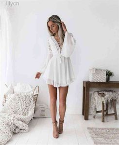 Boheemse mini-jurk vrouwen mode lente massief wit mini kant casual kleding v-hals lange mouw jurken