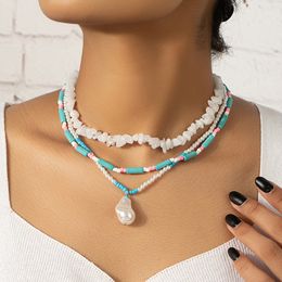 Boheemian Multi-Layers Blue onregelmatige steen gesimuleerde parel hanger ketting Summer Beach sieraden