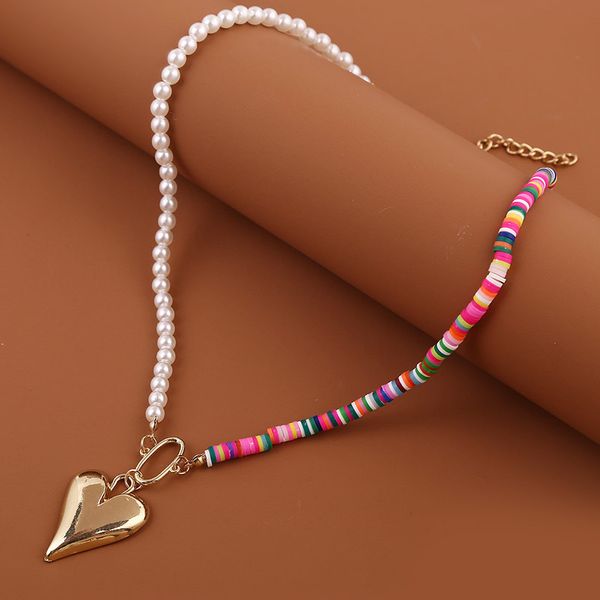 Colliers bohème multicolores en argile polymère, perles blanches, perles asymétriques, à la mode, couleur or, pendentifs grand cœur