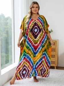 Boheemse multicolor v nek losse kaftan jurk voor vrouwen zomer casual plus size batwing mouw vakantie Long Q1464 240412