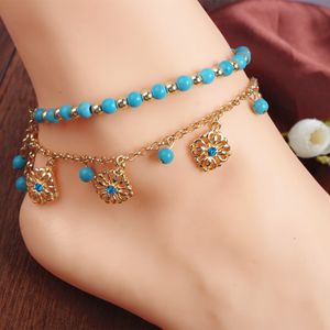 Tobillera de flores de Metal multicapa bohemia, pulsera en la pierna para mujer, tobilleras de moda para mujer, cadena para pierna descalza, joyería de playa