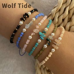 Boheemse Natuursteen Kristal Armband Touw Geweven Handstuk Blauw Zwart Kralen Sieraden Voor Beste Vrienden Gevlochten Beste Vsco Vriendschap Esthetische Bijoux Groothandel