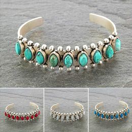 Bohemian Natuurlijke Turkoois Steen Open Bangle Armband Tibetaanse Sieraden Retro Antiek Zilver Kleur Manchet Armband Voor Vrouwen Gift