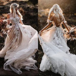 Bohème hors épaule robes de mariée 2021 fée Tulle jupe Sexy dos nu dentelle appliqué Floral pays extérieur mariée robes245H